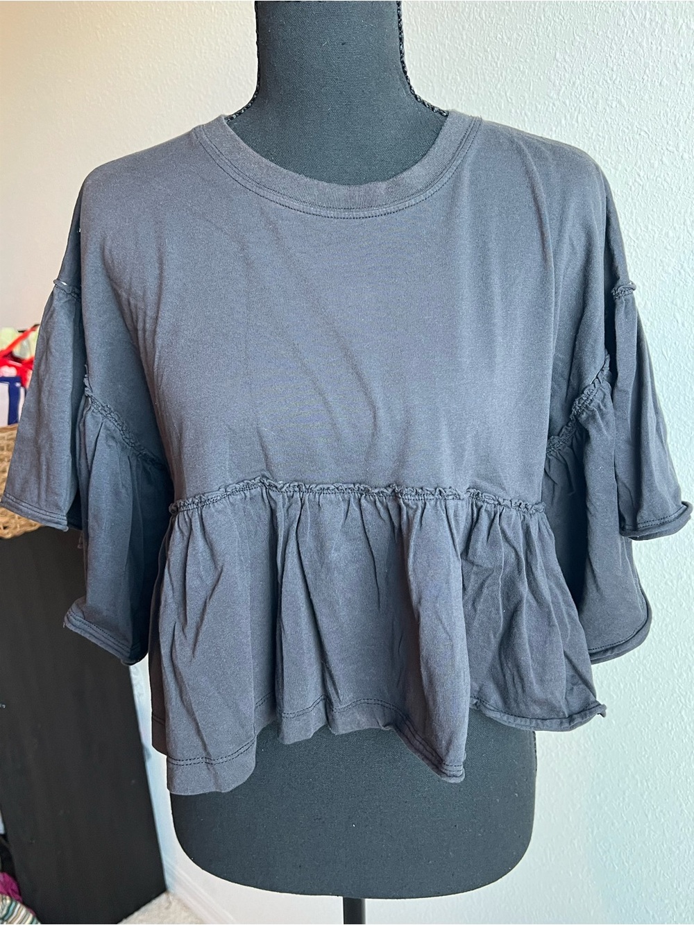 Urban Outfitters Gray Ruffled Baby Doll Crop Tee with Bell Sleeves